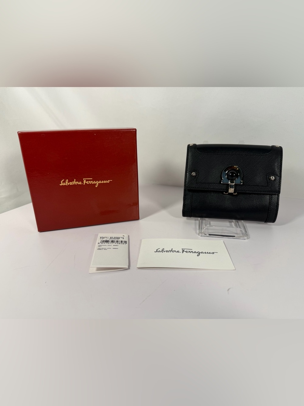 Salvatore Ferragamo Gancini Black Leather French Wallet Box
